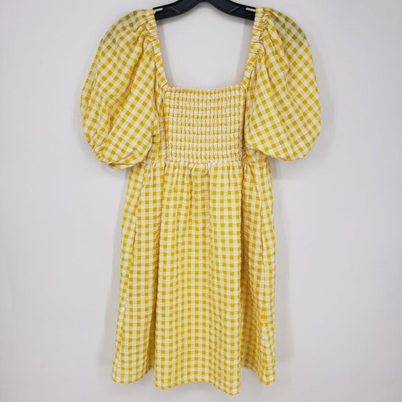 3/$25 Old Navy Gingham Plaid Mini Babydoll Dress XS Short Puff Sleeves Yellow - Picture 2 of 9
